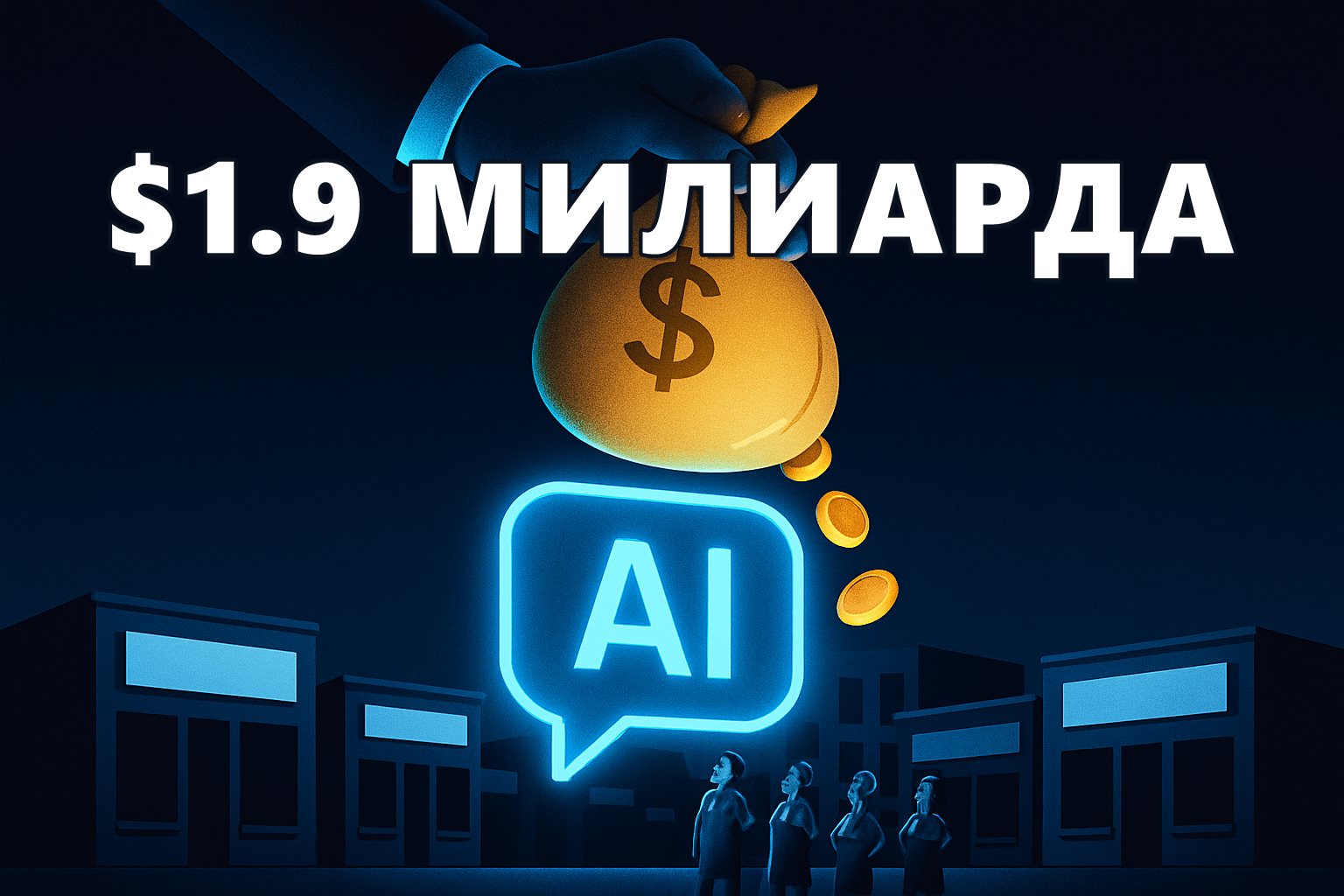 Гигантска корпоративна ръка изсипва чувал с пари върху AI чат балон над малки магазини