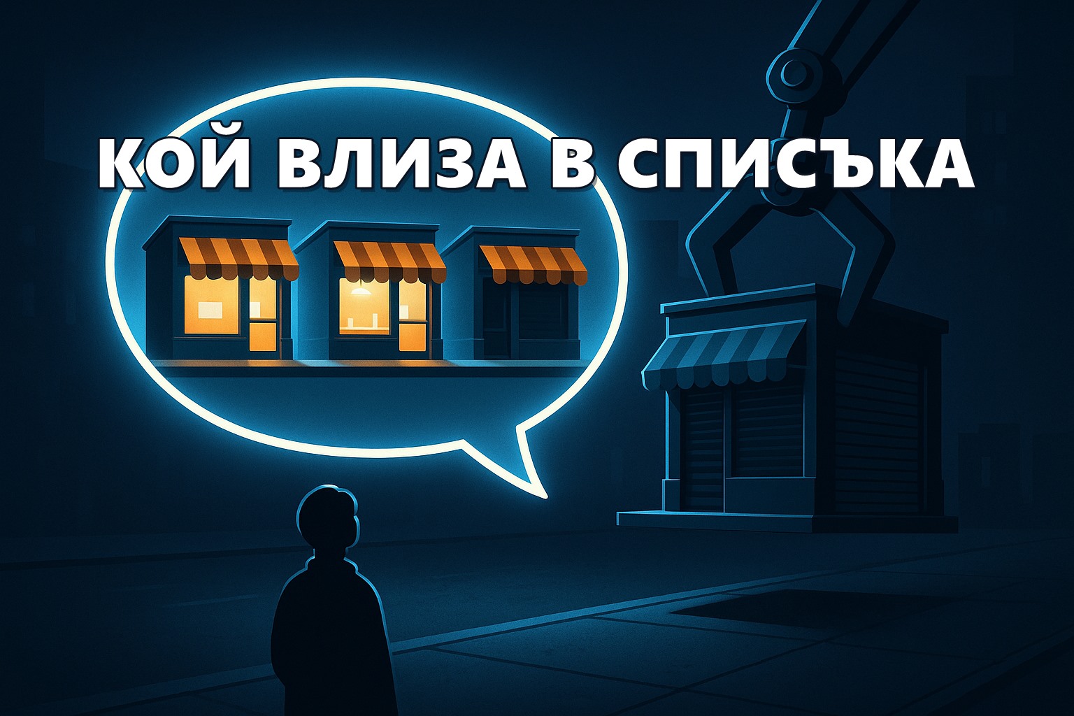 Светещ чат балон над тъмна улица, вътре три осветени магазина един до друг; вдясно четвърти магазин със спуснат кепенк е вдигнат от роботизирана ръка, а купувачът гледа балона, не магазините